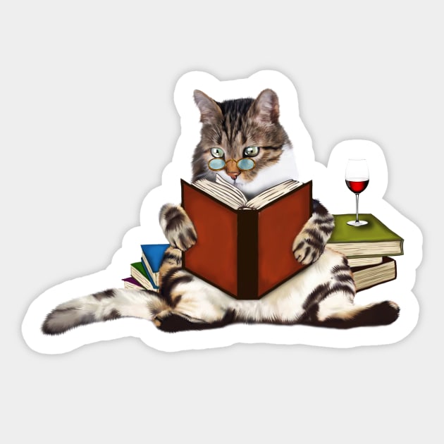 Cat Reading Book, Funnny Cat Lover Sticker by logiamerch